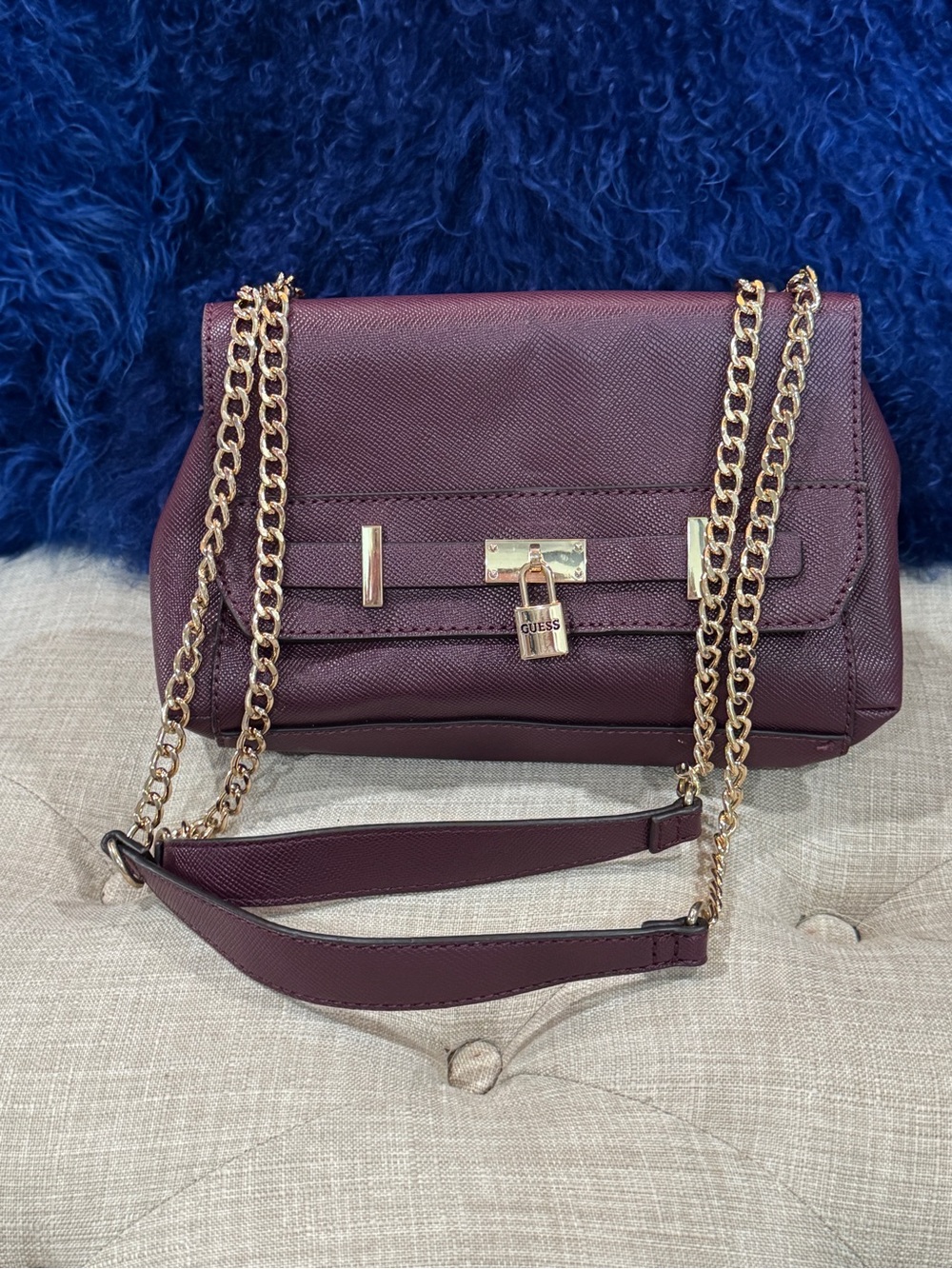 Guess Burgundy Leather Shoulder Bag with Gold Chain